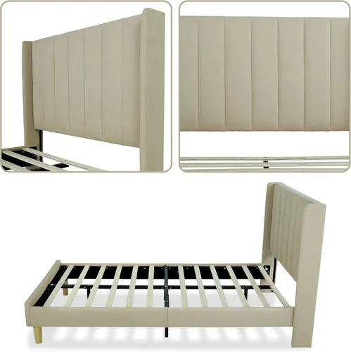 Miniatura 5 de Upholstered Bed Frame with Wingback Headboard and Wood Slats (Beige-Linen, Twin)
