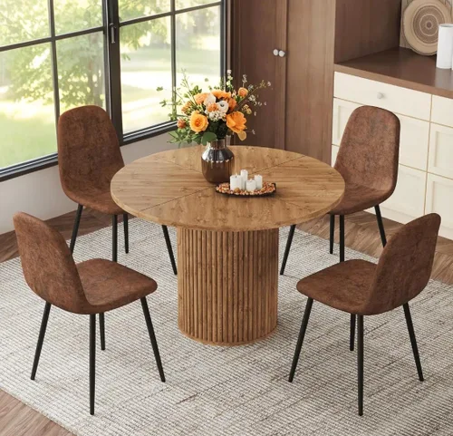 Miniatura 21 de Mesa de comedor redonda para 4-6, mesa de comedor negra con tablero de madera de 42'' y base de pedestal cilíndrico, mesa de cena redonda