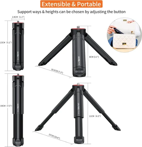 Miniatura 2 de UURIG TP05 Mini trípode extensible para cámara, portátil, mango para selfie, trípode de cámara web de escritorio con tornillo de 1/4 pulgadas