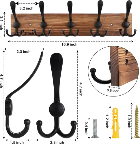 Miniatura 2 de Kuhome Perchero de madera para colgar sombreros de pared, tablón de madera real de pino de 16.9 pulgadas, color marrón, con 5 ganchos triples