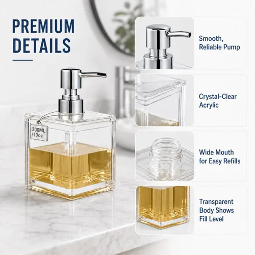 Miniatura 3 de LGURT Dispensador de jabón acrílico transparente cuadrado de 10.1 fl oz con bomba, dispensador de jabón de manos compacto recargable para encimera