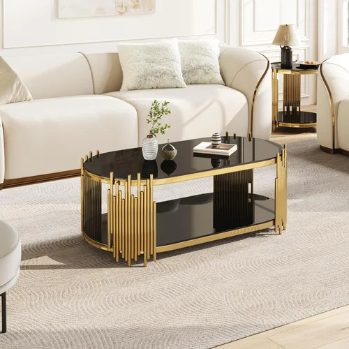 Miniatura 4 de 2-Tier Gold Glass Coffee Table, Modern Oval Coffee Table with Clear Tempered Black Shelves and Stainless Steel Frame, Luxury Center Tables for