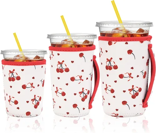 Miniatura 9 de KJQJLY Paquete de 3 fundas reutilizables para café helado con asa, de neopreno, aisladas, para bebidas calientes y frías, se adapta a tazas de 16 a