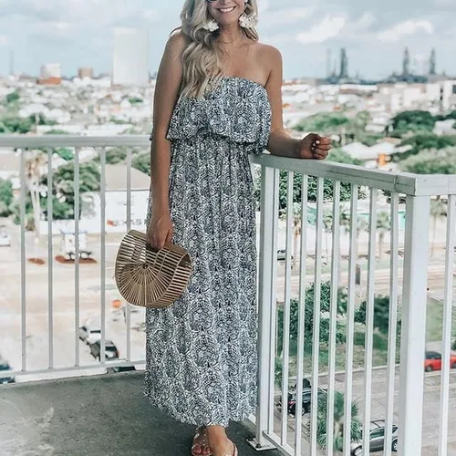 Miniatura 4 de ZMPSIISA Vestido largo de verano para mujer, con hombros descubiertos, con volantes, sin tirantes, de porcelana, color azul y blanco, bohemio