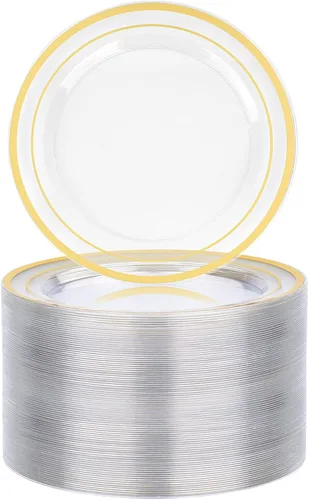 BESTVIP 100 platos de postre de plástico transparente de 7 pulgadas, pequeño plato desechable para ensalada con borde dorado, platos pequeños de