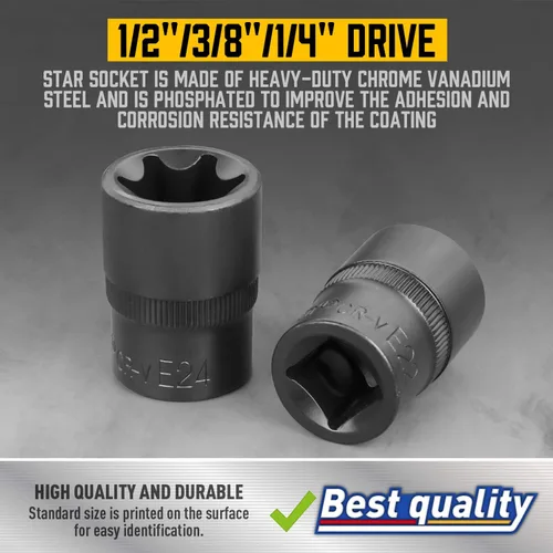 Miniatura 4 de Amartisan 14 PC E-Torx Star Socket Set/Rail, 1/4" 3/8" 1/2" Drive, E24 Juego de zócalos de par externo