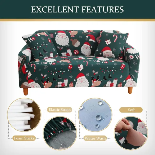 Miniatura 5 de Yiran - Funda de sofá verde de Navidad, protector de muebles para niños y mascotas con Santa Claus impreso, funda elástica para sofá de 3 plazas