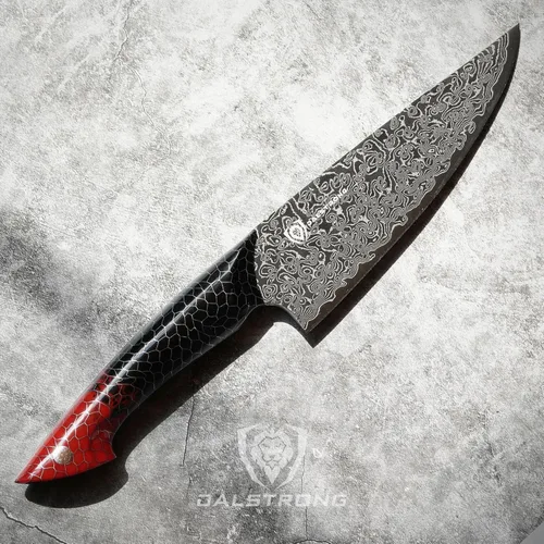 Miniatura 9 de Dalstrong Cuchillo de chef de 8 pulgadas - Serie Scorpion - Acero V12 Ultra™ japonés exclusivo - Damasco negro - Mango de resina negra y roja