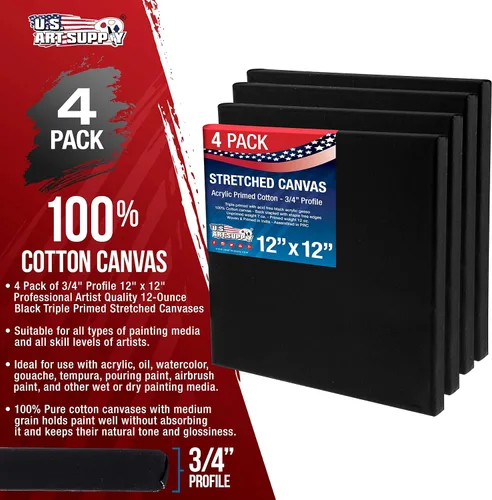 Miniatura 2 de U.S. Art Supply Mini lienzos negros de 12 x 12 pulgadas para pintar, paquete de 4 lienzos pequeños estirados a granel para artista, imprimado