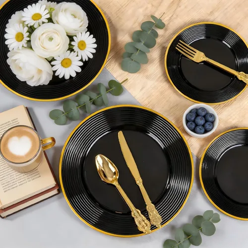 Miniatura 3 de Liacere 100 platos de plástico negro, platos desechables resistentes, platos negros y dorados, incluye platos para cena/postre para bodas, fiestas