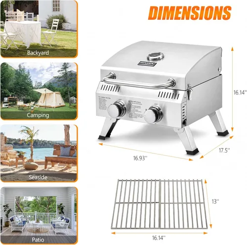 Miniatura 6 de ROVSUN Parrilla de gas portátil de 2 quemadores, 20000 BTU para exteriores, parrilla de propano con encendido, termómetro integrado y cuerpo