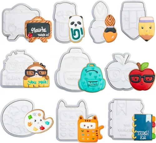 Juego de cortador de galletas de regreso a clases con sellos de émbolo, 11 piezas, regalos de cocina, cumpleaños, vacaciones, ácido poliláctico 3D,