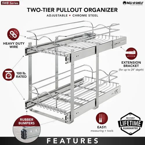 Miniatura 5 de Rev-A-Shelf Estante extraíble para armario de cocina de 2 niveles y organizador de cajones, cesta de almacenamiento de despensa deslizante en varios