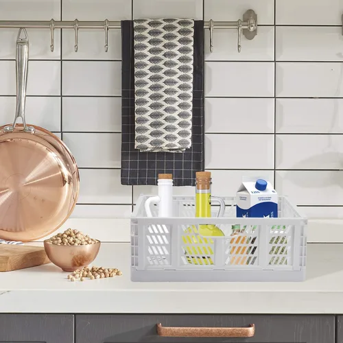 Miniatura 2 de Paquete de 4 cajas de almacenamiento plegables, organizador de cajones de plástico plegables, cesta de almacenamiento apilable para alimentos, Blanco