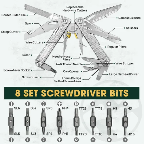 Miniatura 2 de Multper Multitools Pliers Pro, herramienta múltiple mejorada con cuchillo de Damasco, cortadores de alambre reemplazables y juego