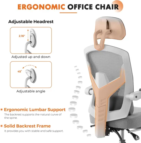 Miniatura 4 de Silla de oficina para computadora Sweetcrispy con reposapiés, sillas giratorias ergonómicas de malla con respaldo alto y ruedas, soporte lumbar Gris