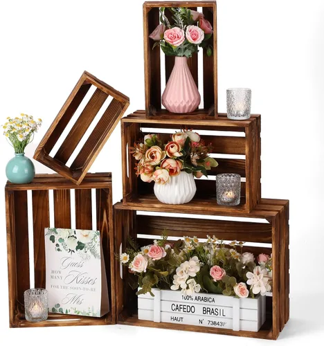 Miniatura 9 de Soaoo 5 cajas decorativas de madera para anidar para exhibición de almacenamiento, 5 tamaños, cajas de almacenamiento decorativas de madera rústica