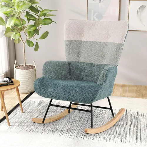Giantex Mecedora para guardería, mecedora tapizada Boucle con respaldo alto ergonómico, patas de madera de goma y bolsillo lateral, silla moderna a