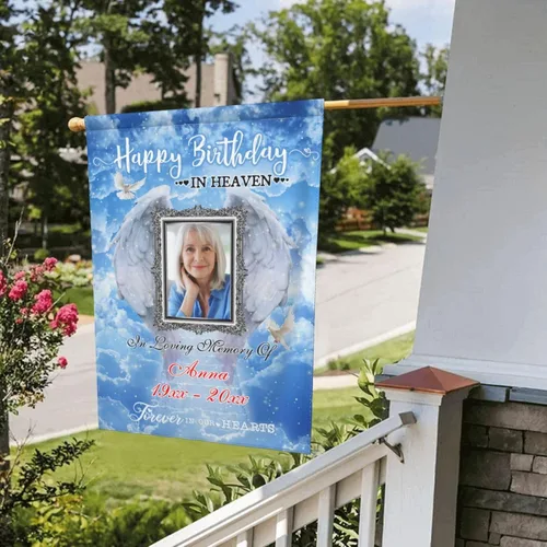 Miniatura 3 de Bandera de memoria personalizada con nombre de foto, fecha, letrero funerario personalizado, bandera conmemorativa personalizable para jardín, Cielo