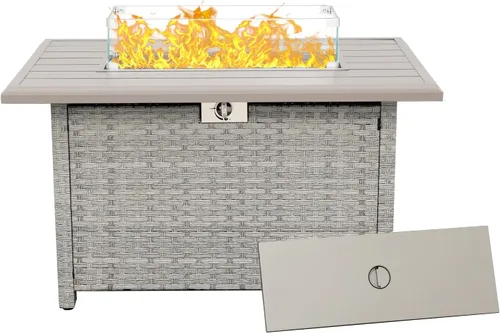 WAROOM Fogata de propano para exteriores, mesa de fogata de patio de mimbre PE de 43 pulgadas con protector contra el viento de vidrio, vidrio para