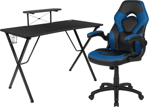 Miniatura 69 de Flash Furniture Juego de escritorio para juegos negro y silla de carreras blanco/negro con soporte para tazas, gancho para auriculares y soporte