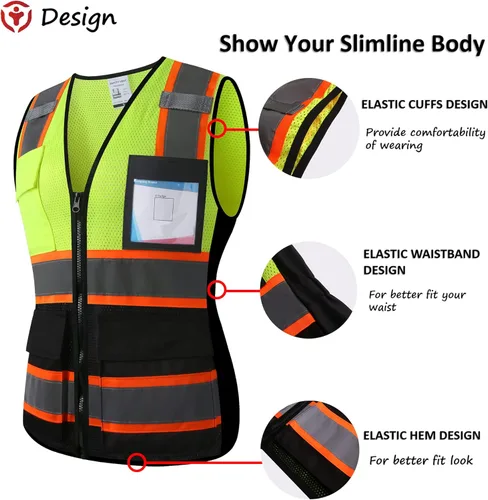 Miniatura 2 de Chaleco de seguridad reflectante de alta visibilidad para hombres y mujeres con bolsillos y cremallera frontal, cumple con los estándares ANSI/ISEA