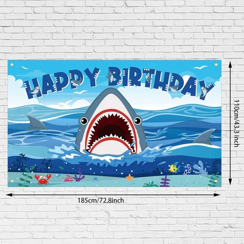 Miniatura 2 de Tatuo Cartel de fondo de cumpleaños de tiburón, decoraciones de cumpleaños de tiburón, fondo de fotografía de zona para niños y niñas, suministros