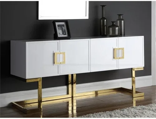 Miniatura 2 de Meridian Furniture Beth Collection Modern Aparador de buffet contemporáneo, base de acero inoxidable dorado intenso, acabado lacado blanco, 64
