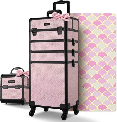 Miniatura 37 de BYOOTIQUE estuche rodante para maquillaje 4 en 1, con cerradura, maletín tipo trolley para cosméticos, con 4 ruedas extraíbles, organizador de viaje