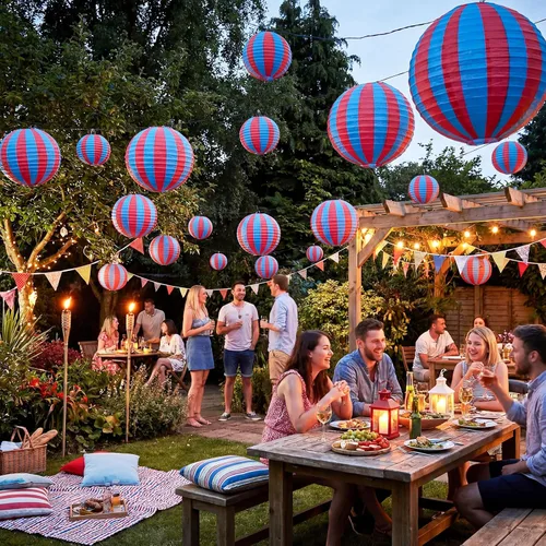 Miniatura 6 de Hortsun 12 Pcs Carnival Circus Decorations Red and Blue Striped Paper Lanterns Chinese Hanging Paper Lanterns for Carnival Circus Wedding Birthday