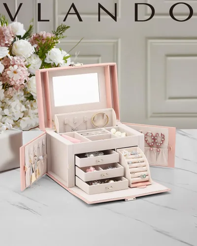 Miniatura 2 de Vlando Joyero de piel sintética, organizador mediano de joyería, regalo vintage para mujer, patrón de cruz rosa