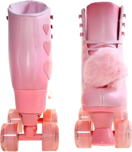 Miniatura 6 de Patines de ruedas para mujer, patines de piel sintética de alta calidad, cuatro ruedas rosadas brillantes de doble fila, patines cuádruples