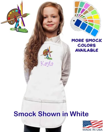 Miniatura 2 de Delantal azul real personalizado del smock del arte de los niños con la tela cruzada de poli/del algodón del diseño del bordado de la paleta, Azul