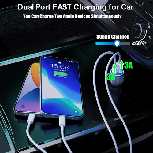 Miniatura 5 de Cargador rápido para automóvil para iPhone, 48 W, puerto dual USB C, adaptador de automóvil de metal con 2 cables Lightning, PD/QC 3.0 tipo C, carga