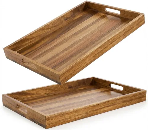 Miniatura 9 de YOUEON Paquete de 2 bandejas de madera de acacia de 17 x 12 pulgadas con asas, bandeja grande de madera para otomana, desayuno en la cama, cena