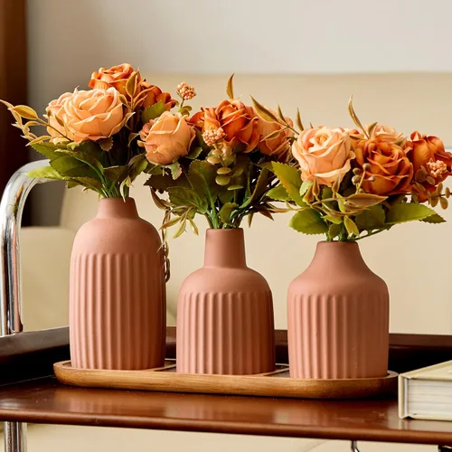 3 piezas de rosas de seda artificiales con jarrón y bandeja - Arreglo de plantas florales de imitación, flores falsas de otoño en jarrón decoración