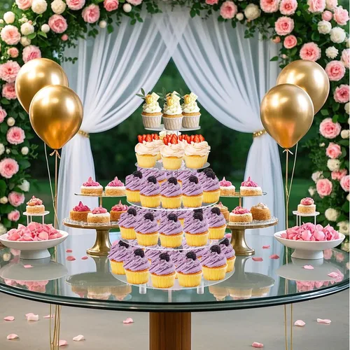 Miniatura 4 de Jusalpha Soporte redondo de acrílico para cupcakes de 5 niveles, soporte para postres, torre para cupcakes 5RF (5 niveles con base)