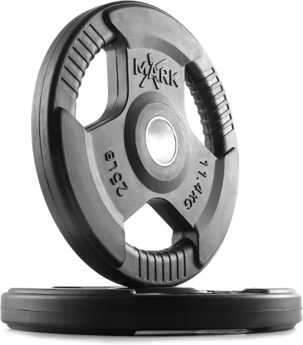 Miniatura 18 de XMARK TRI-GRIP - Par o juego de discos de peso olímpicos, pesas de ejercicio con revestimiento de goma para barra olímpica, juego de pesas