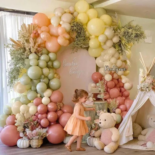 Miniatura 8 de Arco de globos de color rosa polvoriento, amarillo y verde, de doble relleno, color amarillo claro, melocotón, blanco, arena, malva, pastel, kit