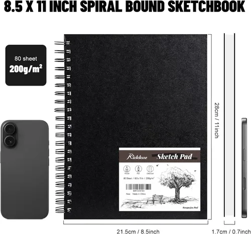 Miniatura 6 de KAKKUE Cuaderno de bocetos de tapa dura de 8.5 x 11 pulgadas, 80 hojas de papel de dibujo grueso profesional, bloc encuadernado en espiral
