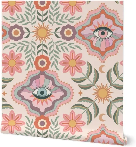 Despegar y pegar muestra de papel tapiz – Boho Floral Retro Eyes Adolescente Femenino Adolescente Femenino Flores Bohemio Femenino Niños Sol