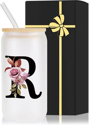 Miniatura 18 de Vaso de vidrio con monograma con tapa de bambú, popote personalizado, vaso de café helado de 16 onzas, tarro transparente de masón, cerveza, agua