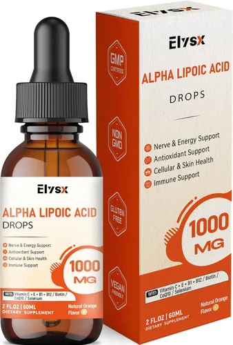 Gotas líquidas de ácido alfa lipoico de 1000 mg, suplemento ALA para apoyo nervioso y antioxidante con biotina, sabor a naranja natural, 2 onzas