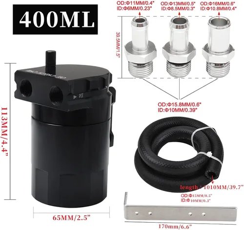 Miniatura 3 de Kit Mejorado de Depósito de Aceite con Deflectores, Separador de Aceite, Depósito de Aluminio con Línea de Combustible NBR Reforzada de 3/8", Negro