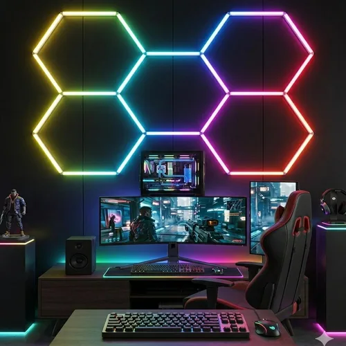 Miniatura 9 de 25Pack RGB Hexagon Lights,Music Sync 5Hex LED Hexagon Lights,RGB 358 Kinds of Changes Dimmable Speed-Adjustable DIY Color-Changing Lights Smart App