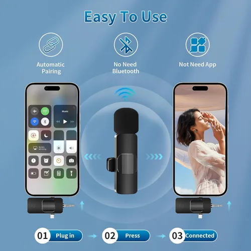 Miniatura 4 de Micrófono Lavalier inalámbrico para iPhone, Android, iPad y cámara, paquete de 2 mini micrófonos 3 en 1 con micrófono de solapa de reducción