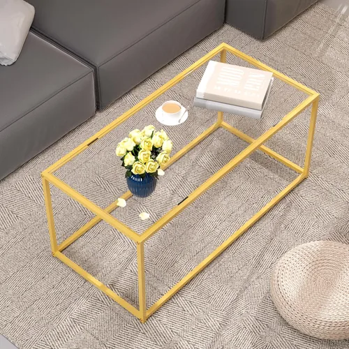 Miniatura 3 de Mesa de café, Mesa de café de cristal templado, Mesa central minimalista para sala de estar, oficina, Mesa de café moderna con tapa de cristal