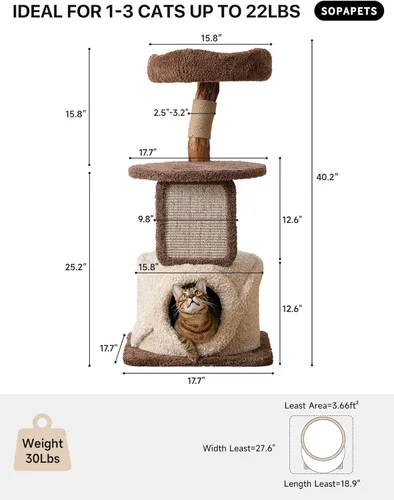 Miniatura 9 de Árbol de Gato de 40 Pulgadas de Alto en Madera Sólida Moderna para Gatos Grandes y Adultos de Interior, Robusto Condo para Gatos con Poste