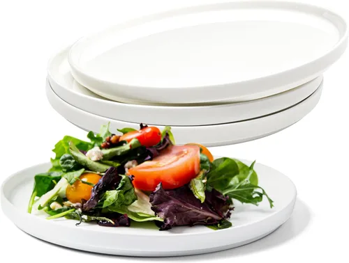 Vikko Plato de ensalada, juego de 4 platos blancos, postre, ensalada, plato de aperitivo, porcelana fina de hueso, platos de postre apilables de 8