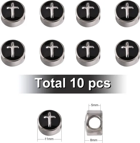 Miniatura 4 de LiQunSweet 10 cuentas europeas de acero inoxidable esmaltadas negras de 0.197 in con agujero grande, cuentas planas redondas cruzadas espaciadoras